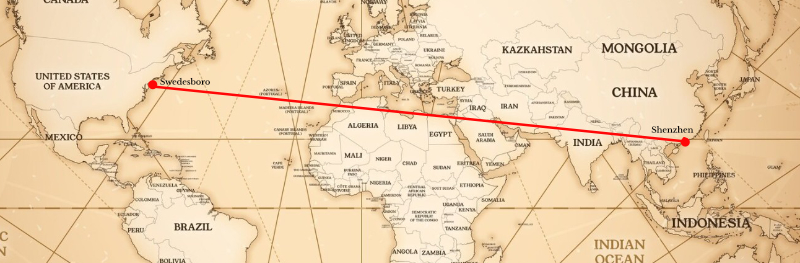 Vintage map showing the route from Swedesboro, New Jersey to Shenzhen, China — the communication gap at the center of the Stratigraphy story.