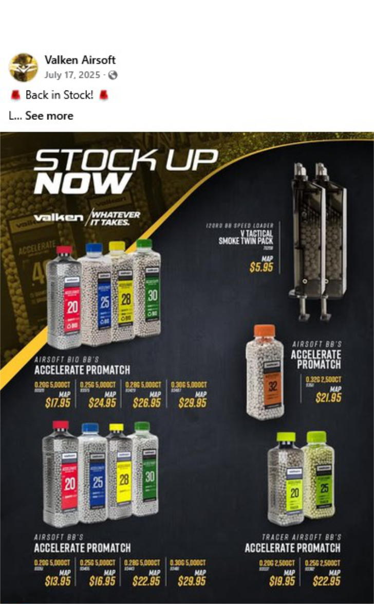 Valken Airsoft Facebook post for BB restock.