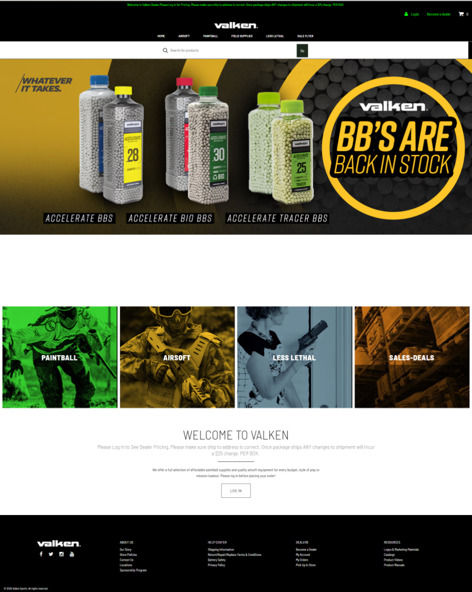 Valken Dealer site homepage with BB restock banner.