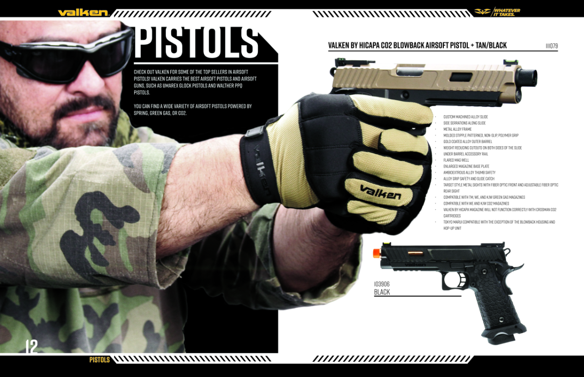 Internal spread of the Valken Airsoft catalog featuring pistols.
