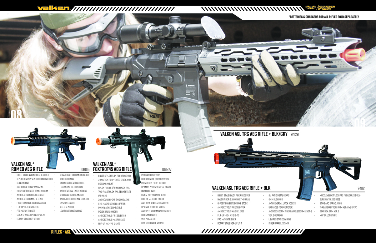 Internal spread of the Valken Airsoft catalog featuring rifles.