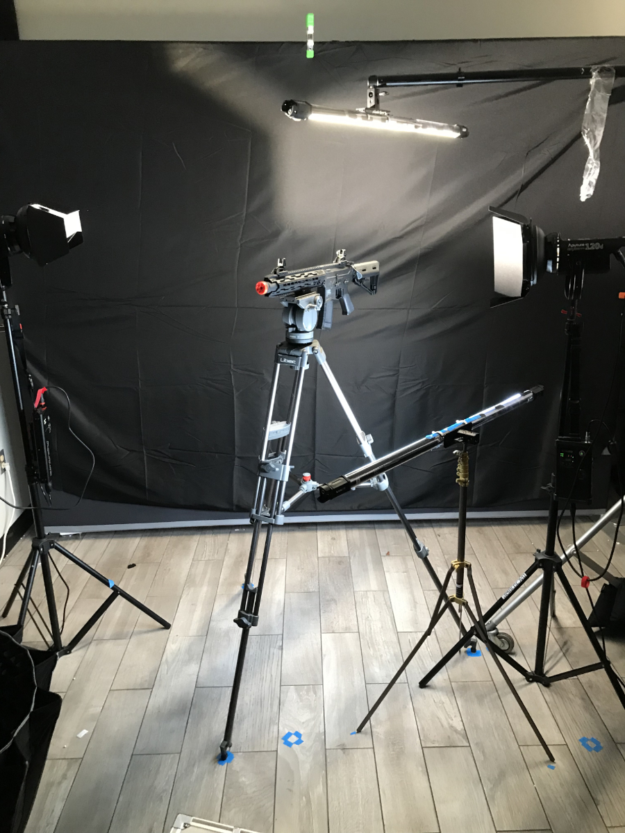 The ad-hoc product photography studio with a custom rail-to-tipad attachment device made in-house.